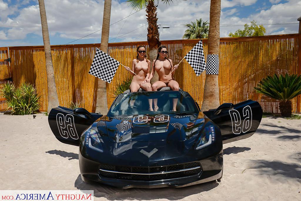 16P Sunglasses adorn babes Dillion Harper and Karlee Grey bare big tits outside