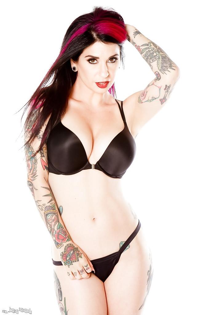 16P Tattooed solo girl Joanna Angel posing naked after bra and thong removal