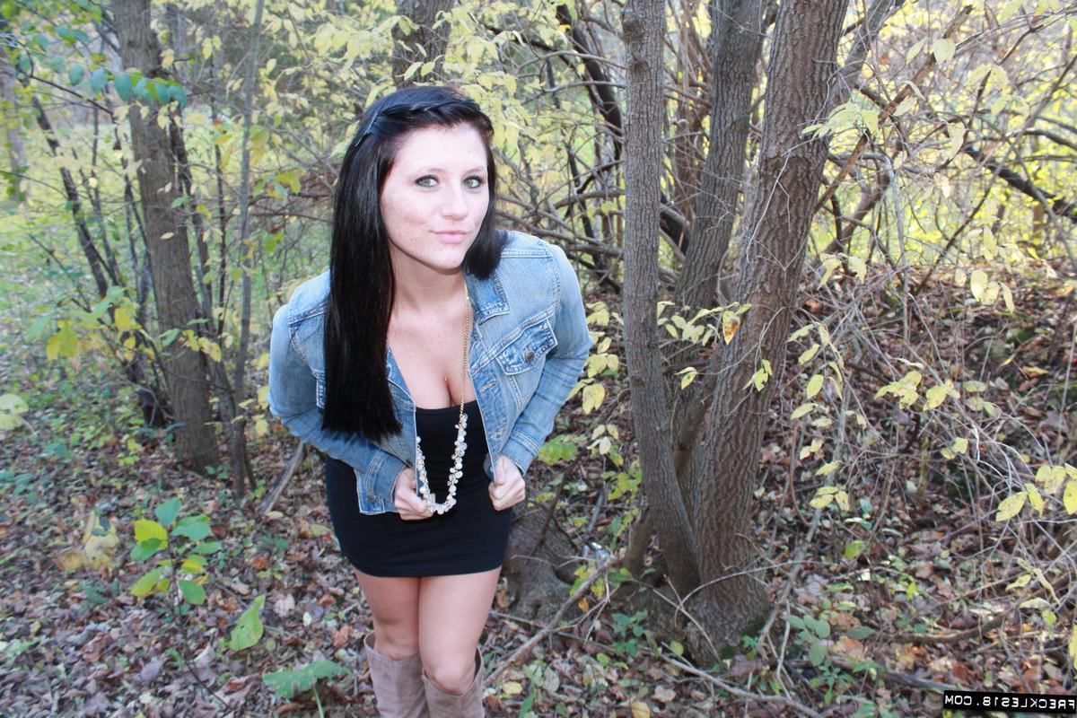12P Brunette cutie Freckles 18 shows you her panties and bra in the woods