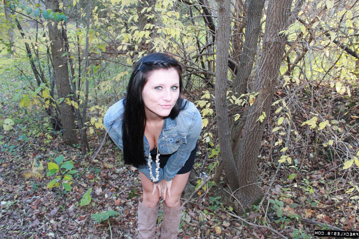 12P Brunette cutie Freckles 18 shows you her panties and bra in the woods