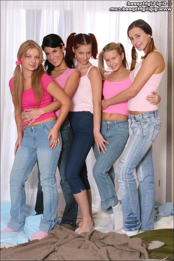 20P Five hot and horny teen girls in pigtails and jeans