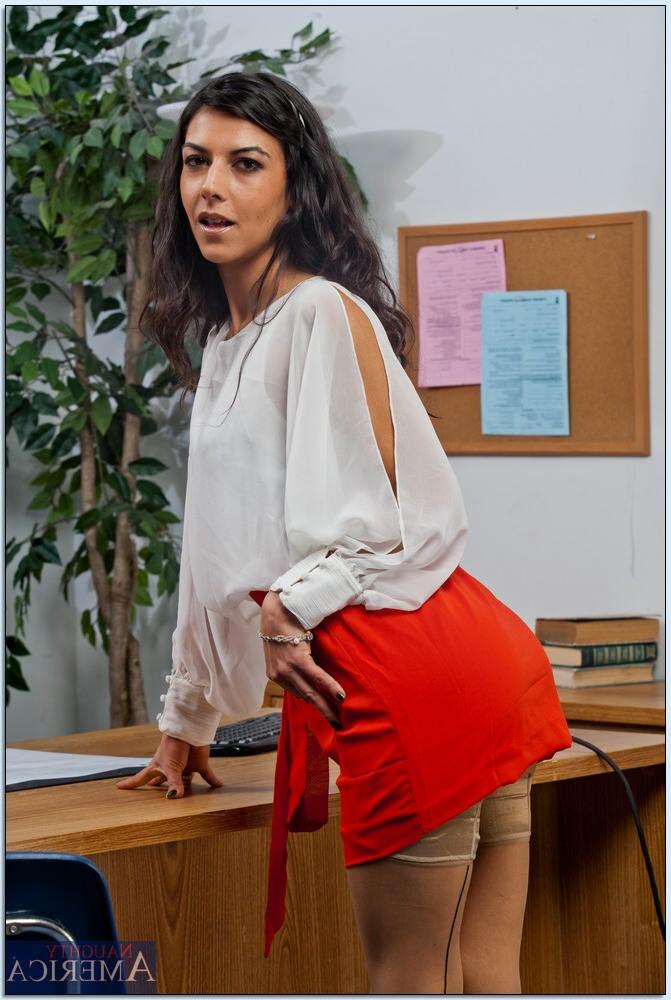 16P Sexy brunette MILF in stockings Lou Charmelle stripping in the office