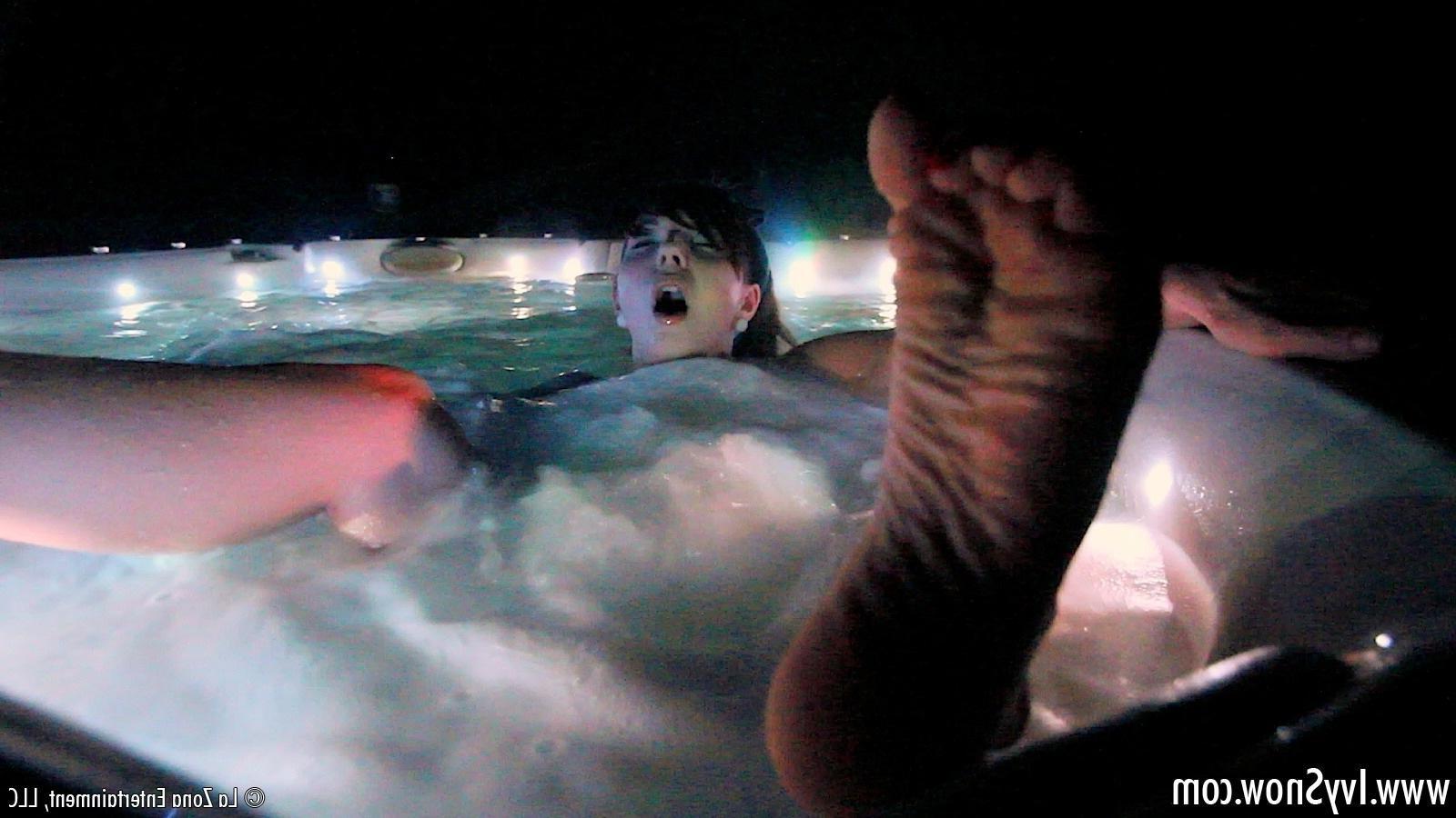 15P Ivy Snow has some night time fun in her bikini and then gets off with her hot tub jets