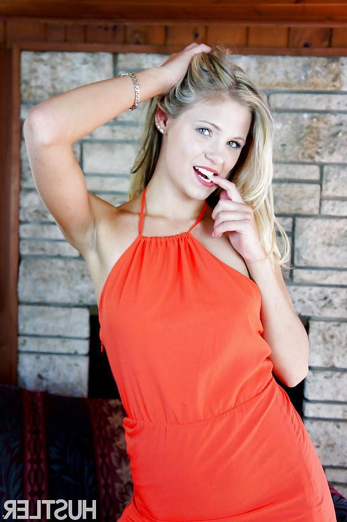 16P Blonde babe Scarlet Red flashing white panties under dress in living room