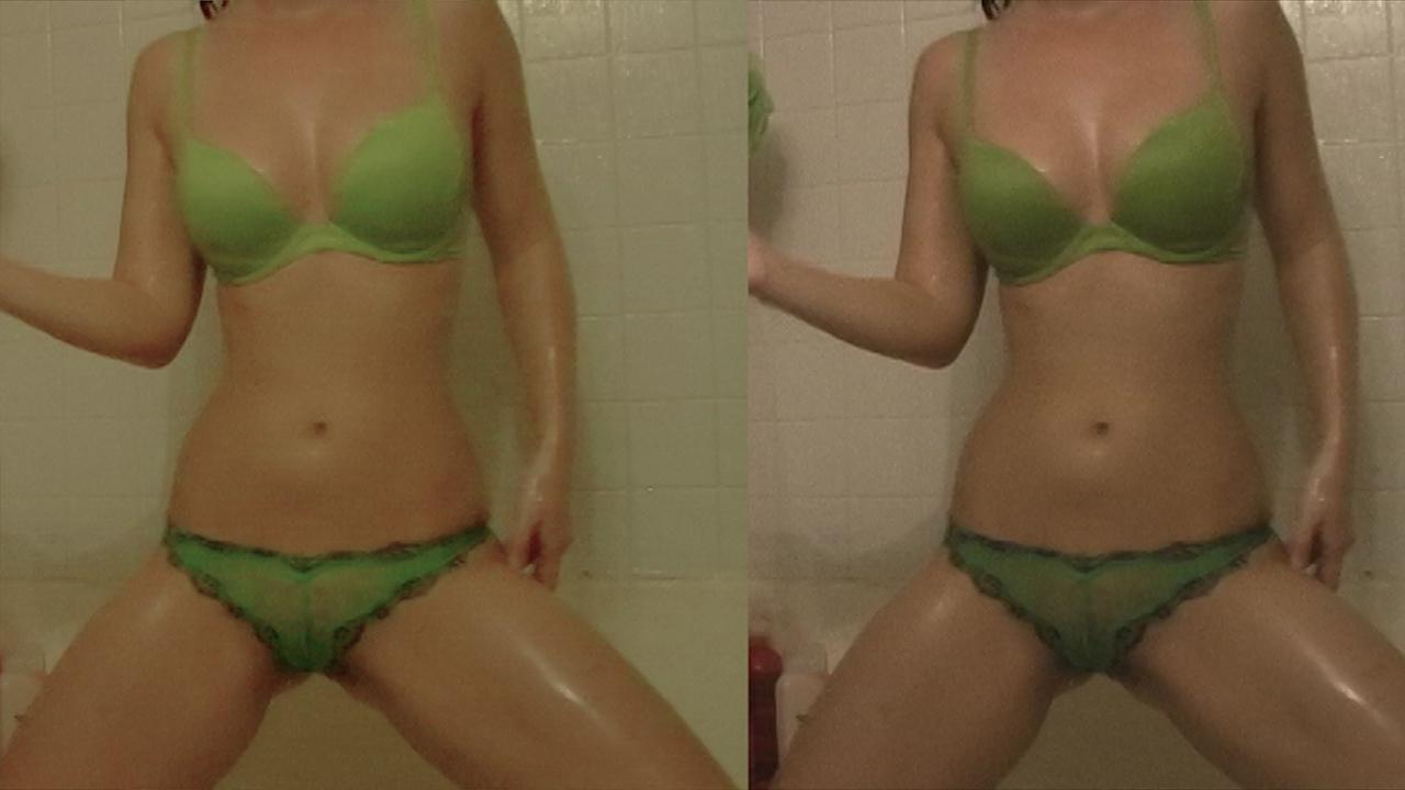 16P Kari Sweets takes a shower in sheer green panties