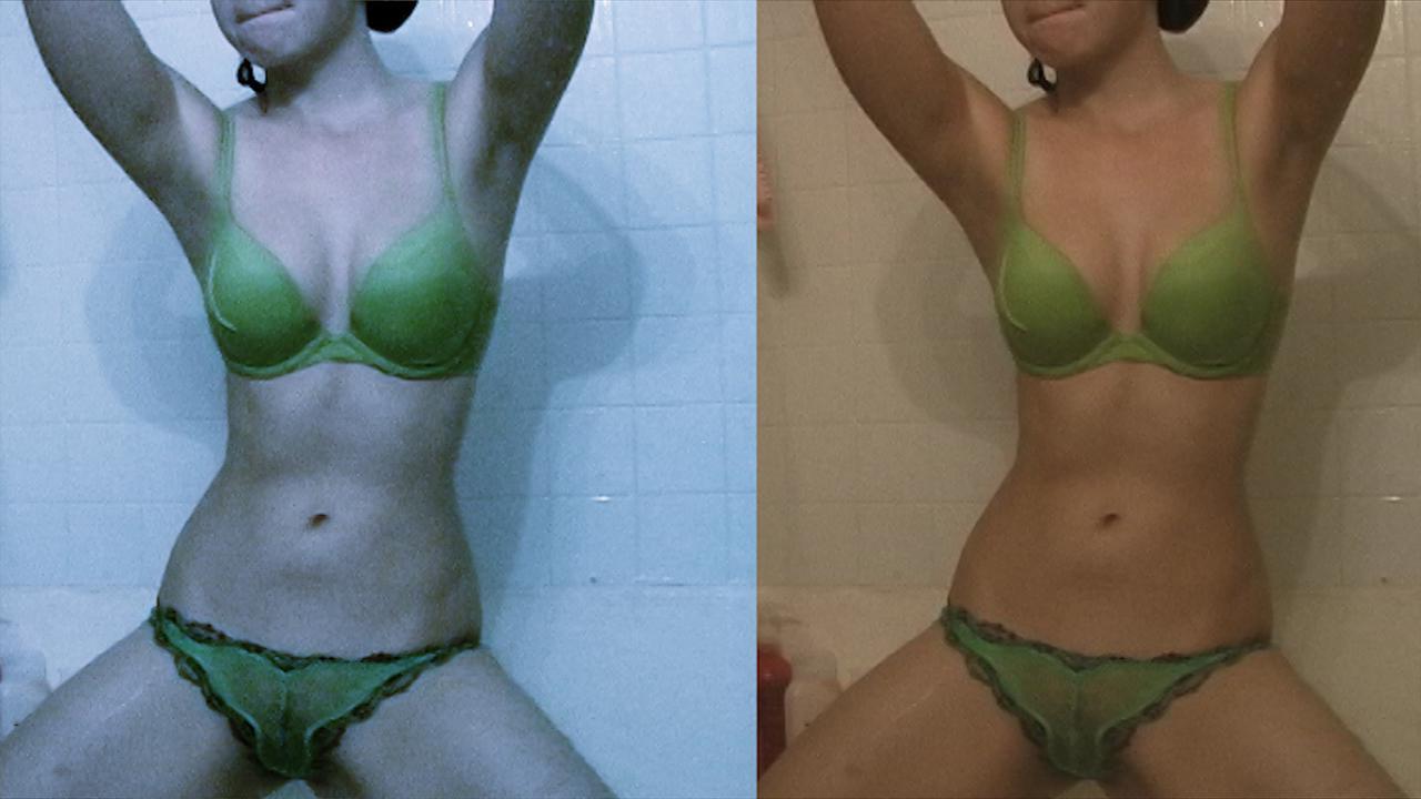 16P Kari Sweets takes a shower in sheer green panties