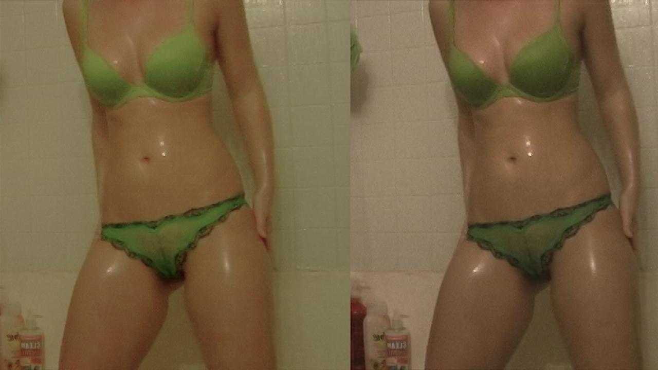 16P Kari Sweets takes a shower in sheer green panties