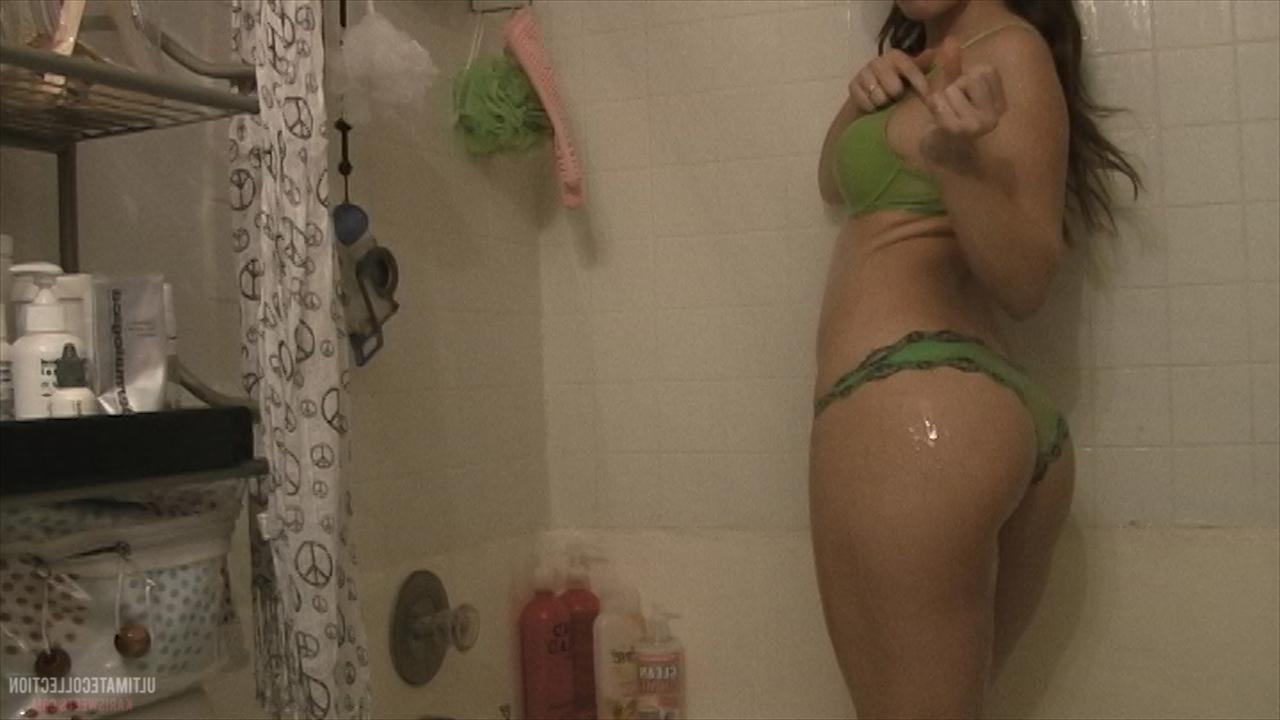 16P Kari Sweets takes a shower in sheer green panties