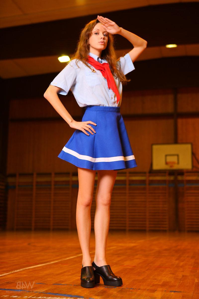 16P Sexy brunette teen Natasha dresses up like a Japanese schoolgirl in "Pioneer"