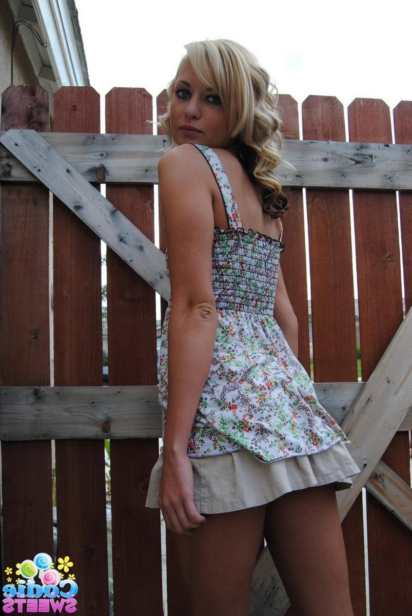 12P Cute tease Codie Sweets proves that she has no panties on under her skirt