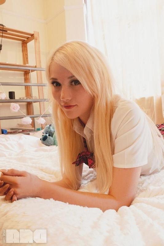 15P Hot schoolgirl Misha Mayfair strips and teases for you in bed