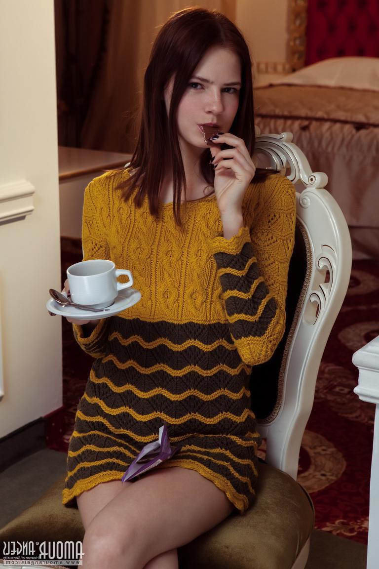 20P Brunette teen Bella strips nude for you in Evening Tea