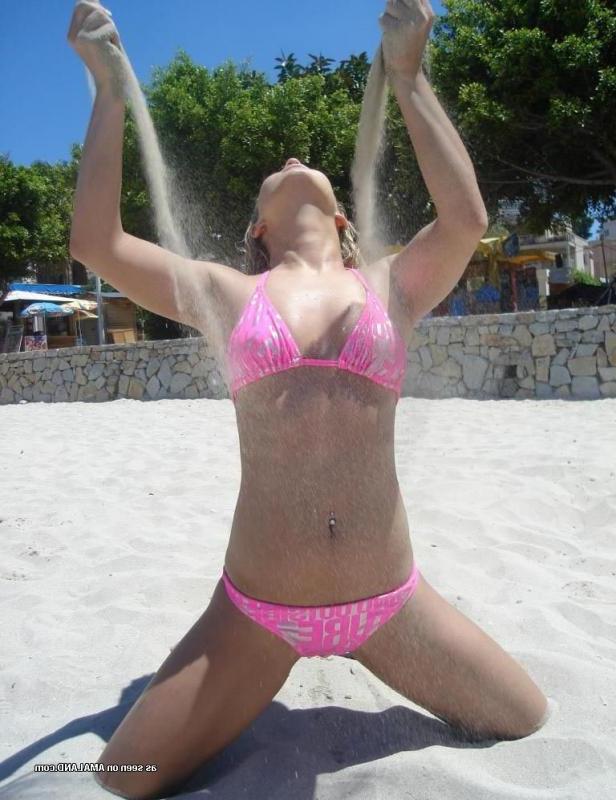 14P Sexy blonde bikini beach babe posing outdoors