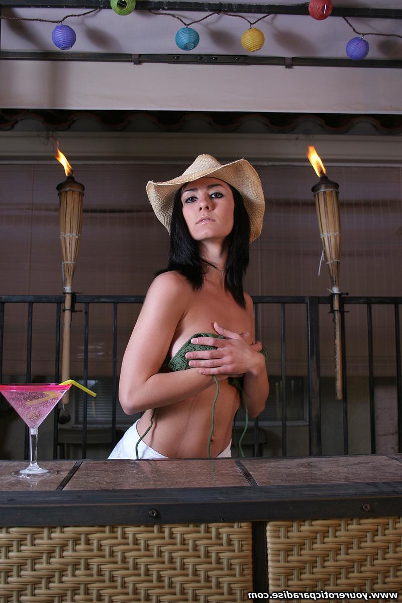 12P Brunette hottie Stacey has some naughty fun at the tiki bar