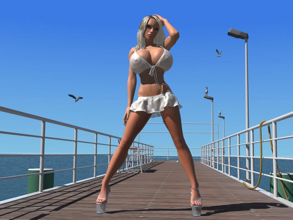12P Busty 3D blonde babe shows her huge boobs under bikini outdoors