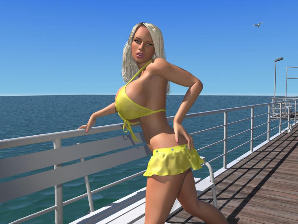 12P Busty 3D blonde babe shows her huge boobs under bikini outdoors