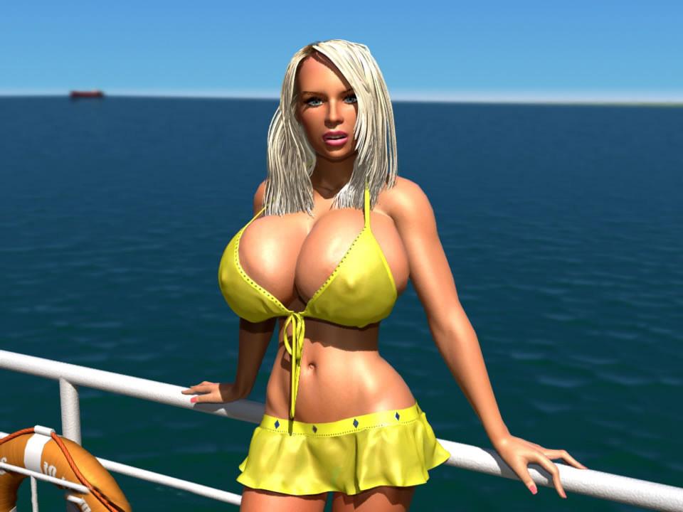 12P Busty 3D blonde babe shows her huge boobs under bikini outdoors