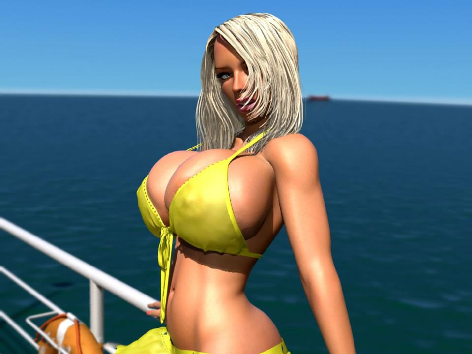 12P Busty 3D blonde babe shows her huge boobs under bikini outdoors