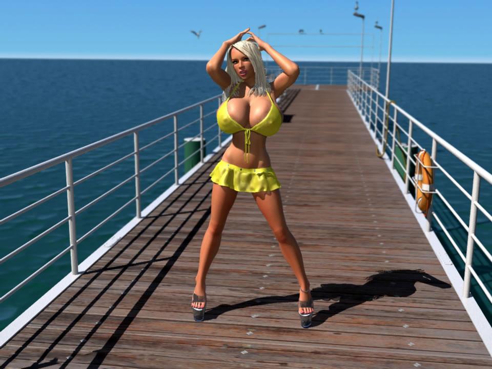 12P Busty 3D blonde babe shows her huge boobs under bikini outdoors