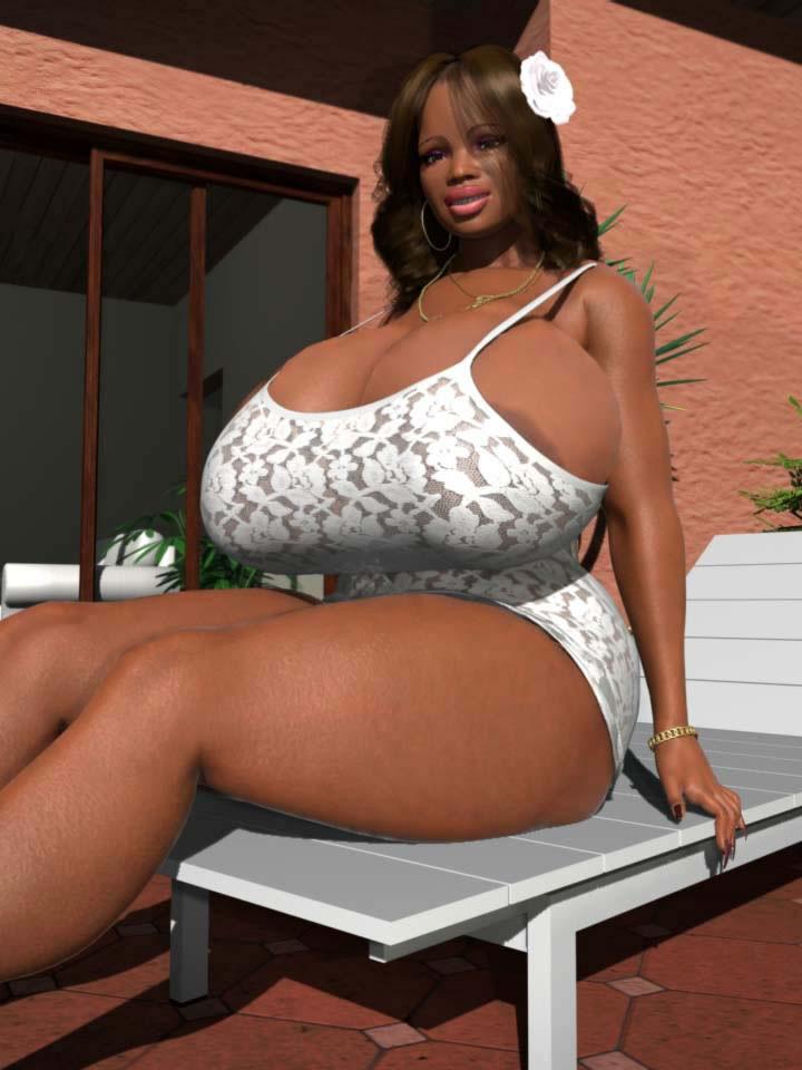 12P Busty ebony 3D BBW hottie showing her huge boobs outdoors