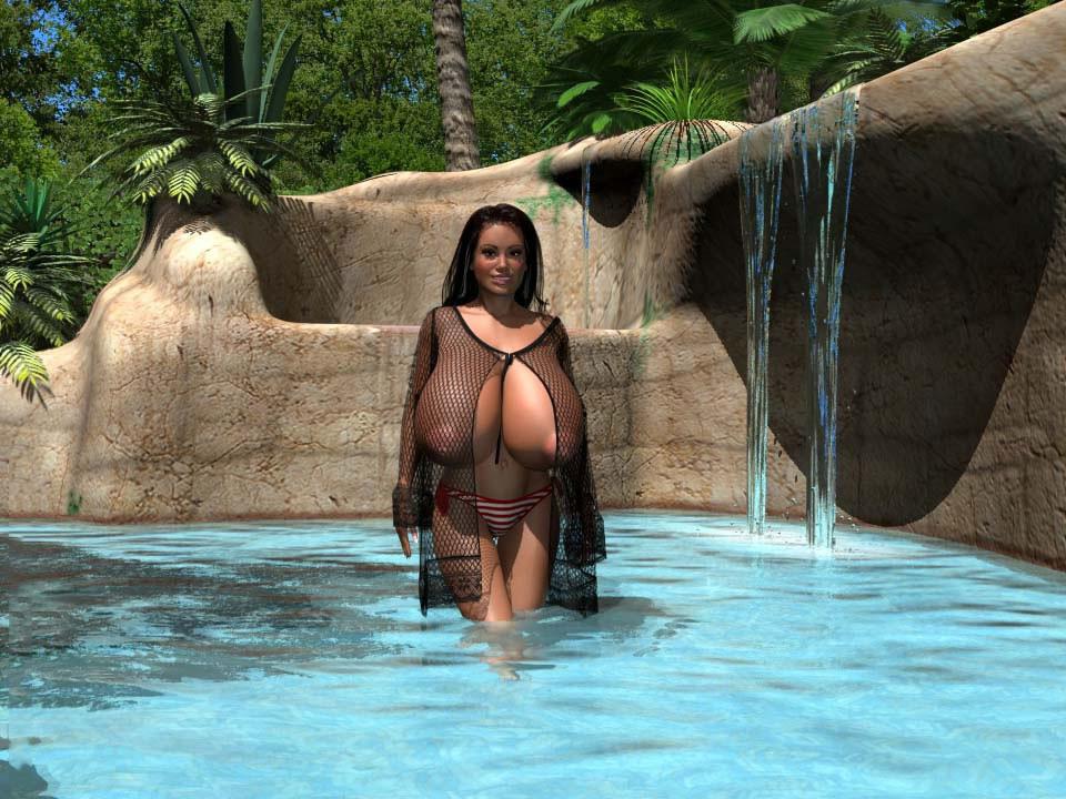 12P Hot 3D babe with giant saggy boobs sunbathing topless by the pool