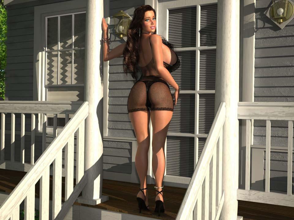 12P Big breasted 3D brunette babe exposing her private parts outdoors