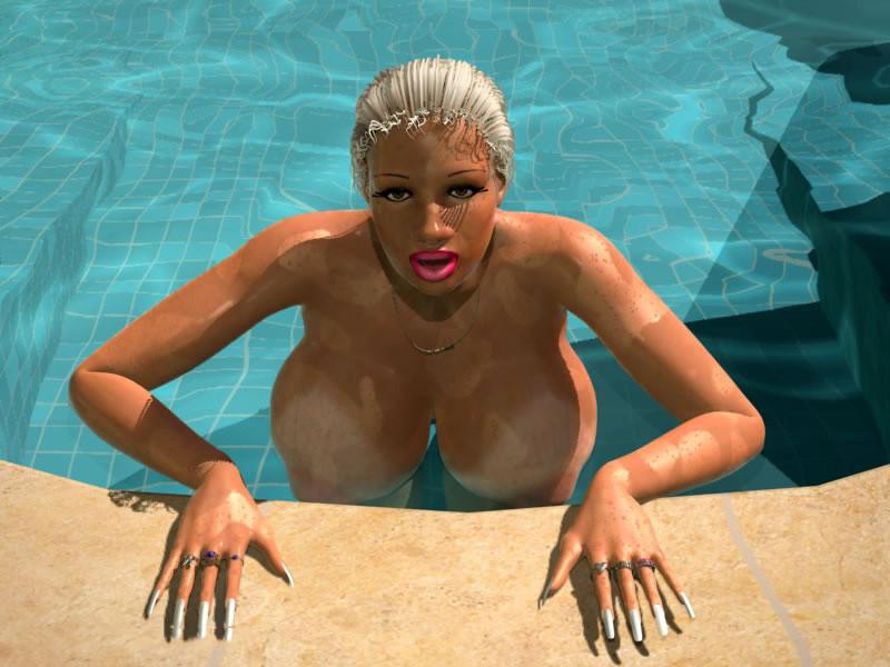 12P Sexy 3D blonde with enormous boobs caught topless near the pool