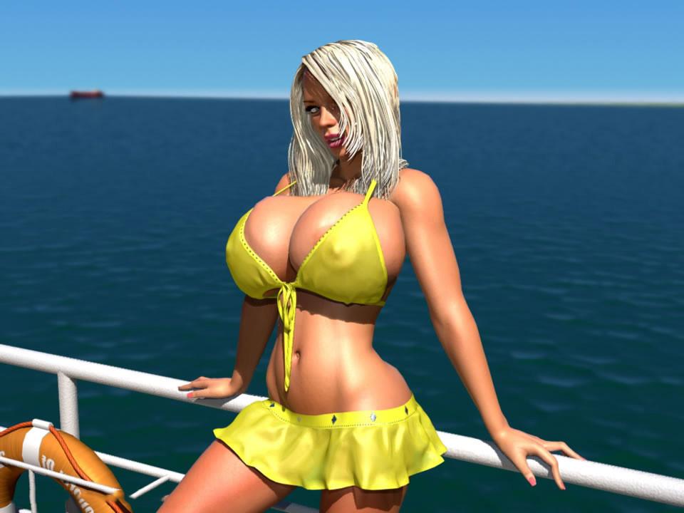12P Sexy 3D bikini blonde hottie shows her large boobs on the pier