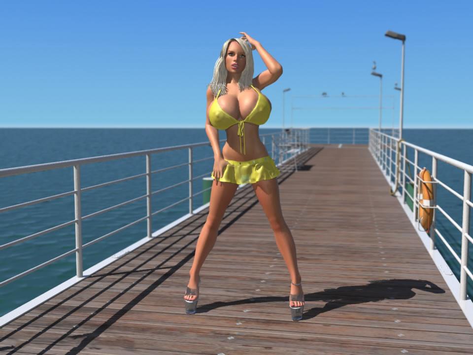 12P Sexy 3D bikini blonde hottie shows her large boobs on the pier