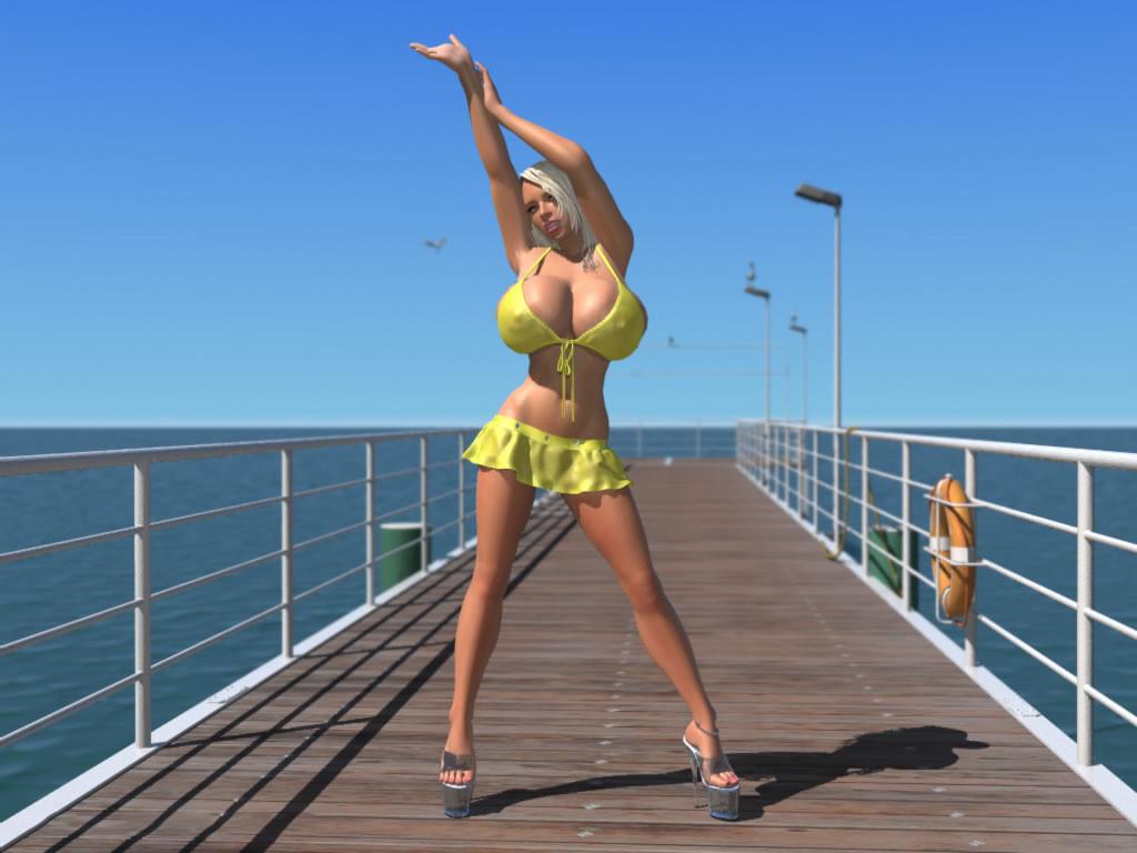 12P Sexy 3D bikini blonde hottie shows her large boobs on the pier