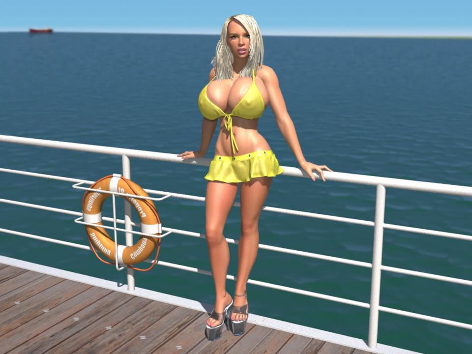 12P Sexy 3D bikini blonde hottie shows her large boobs on the pier