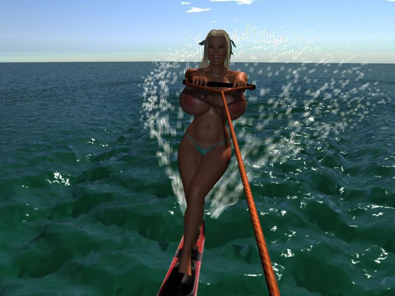 12P Topless big breasted 3D blonde hottie wakeboarding