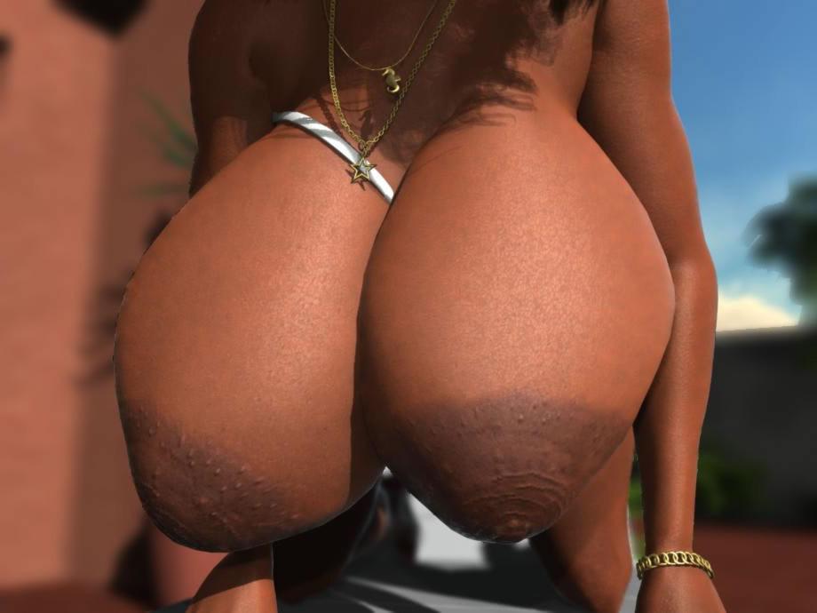 12P Ebony 3D hottie showing off her large natural boobs