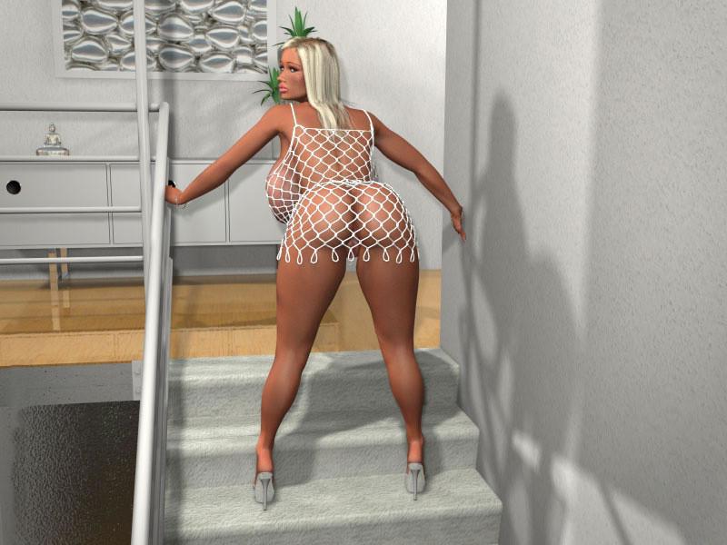12P Busty 3D blondie in white fishnet bodysuit posing on the stairs