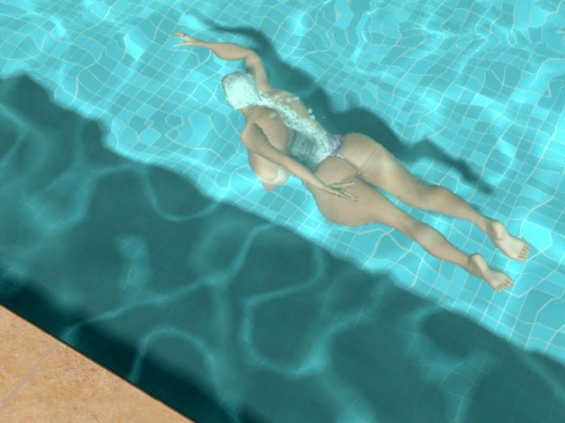 12P Big breasted 3D blonde girl swimming topless in pool