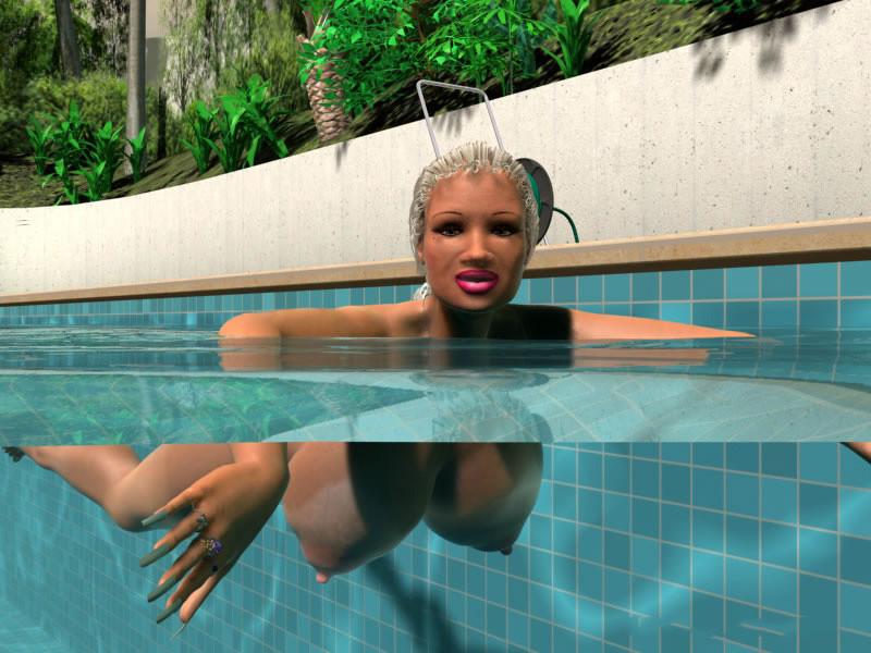 12P Big breasted 3D blonde girl swimming topless in pool