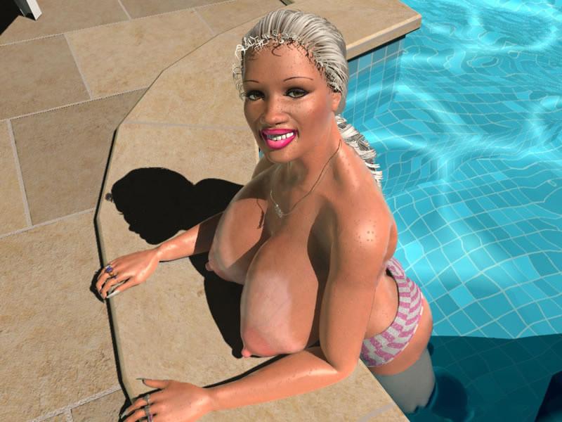 12P Big breasted 3D blonde girl swimming topless in pool