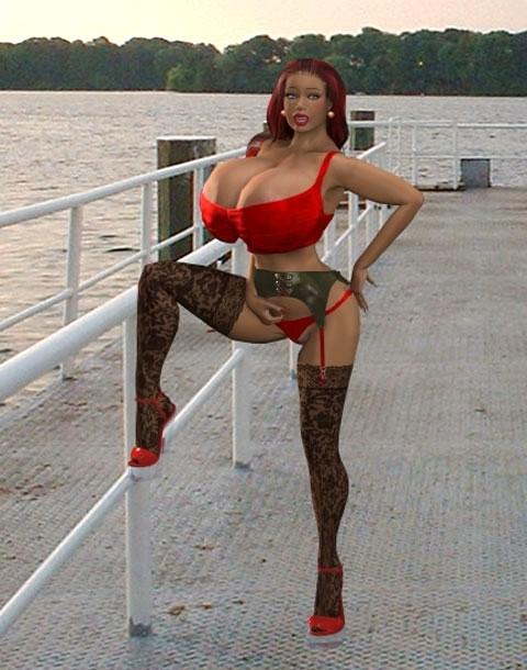 12P Busty 3D redhead strips outdoors to show her big natural tits