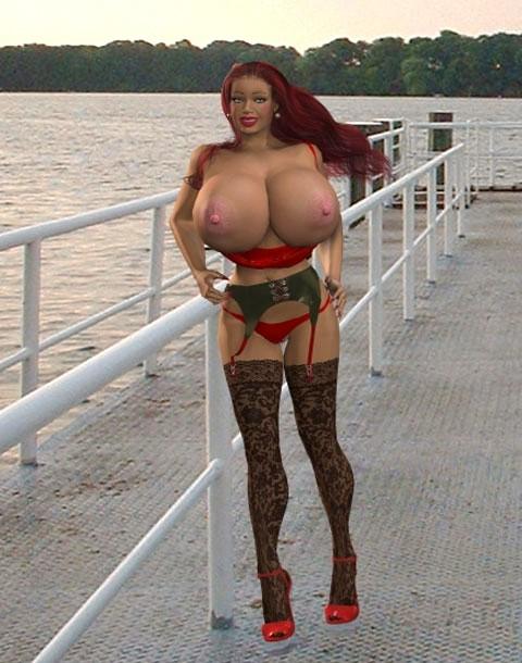 12P Busty 3D redhead strips outdoors to show her big natural tits