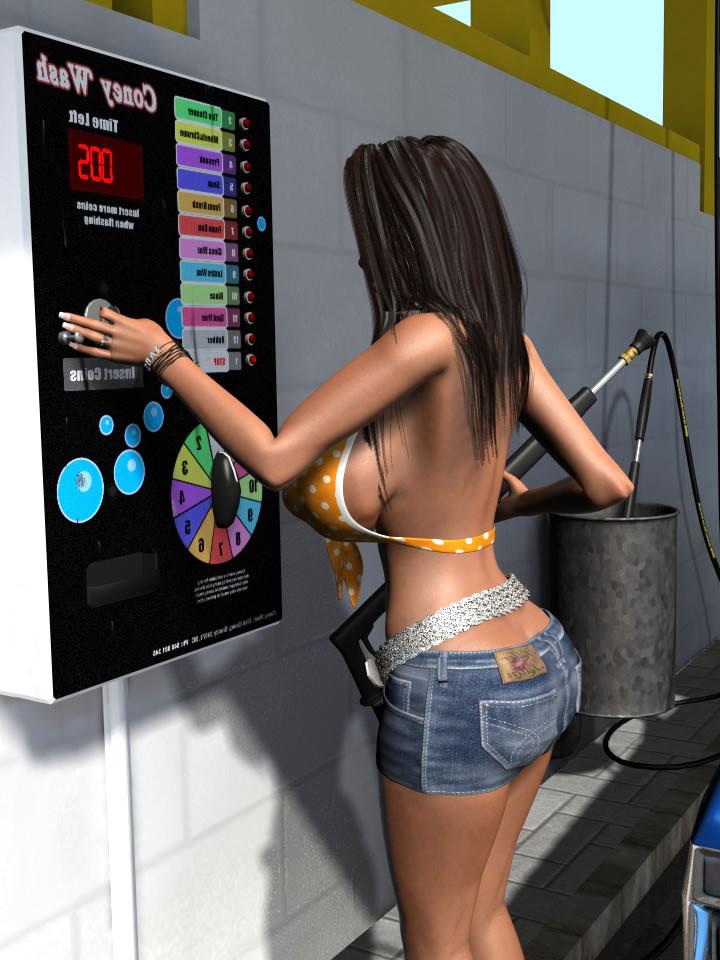 12P Sexy 3D babe at public carwash flashing big boobs