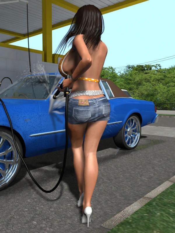 12P Sexy 3D babe at public carwash flashing big boobs