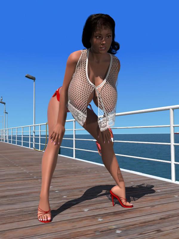 12P Big breasted 3D brunette chick exposing her melons on the pier