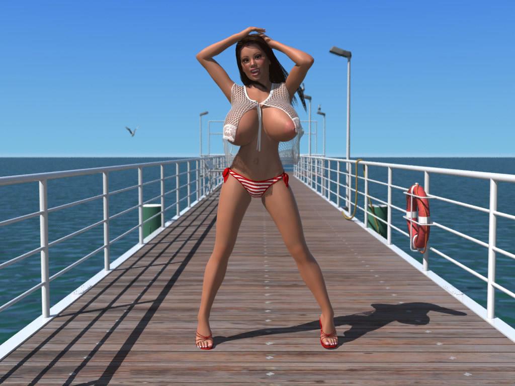 12P Big breasted 3D brunette chick exposing her melons on the pier