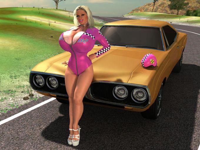 12P Huge breasted 3D blonde shows it all off on a car hood