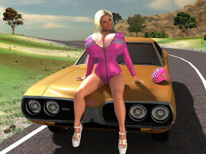 12P Huge breasted 3D blonde shows it all off on a car hood