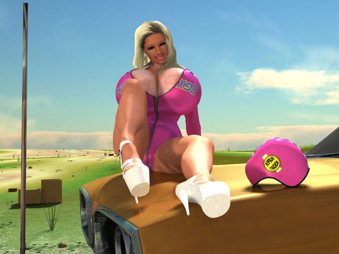 12P Huge breasted 3D blonde shows it all off on a car hood