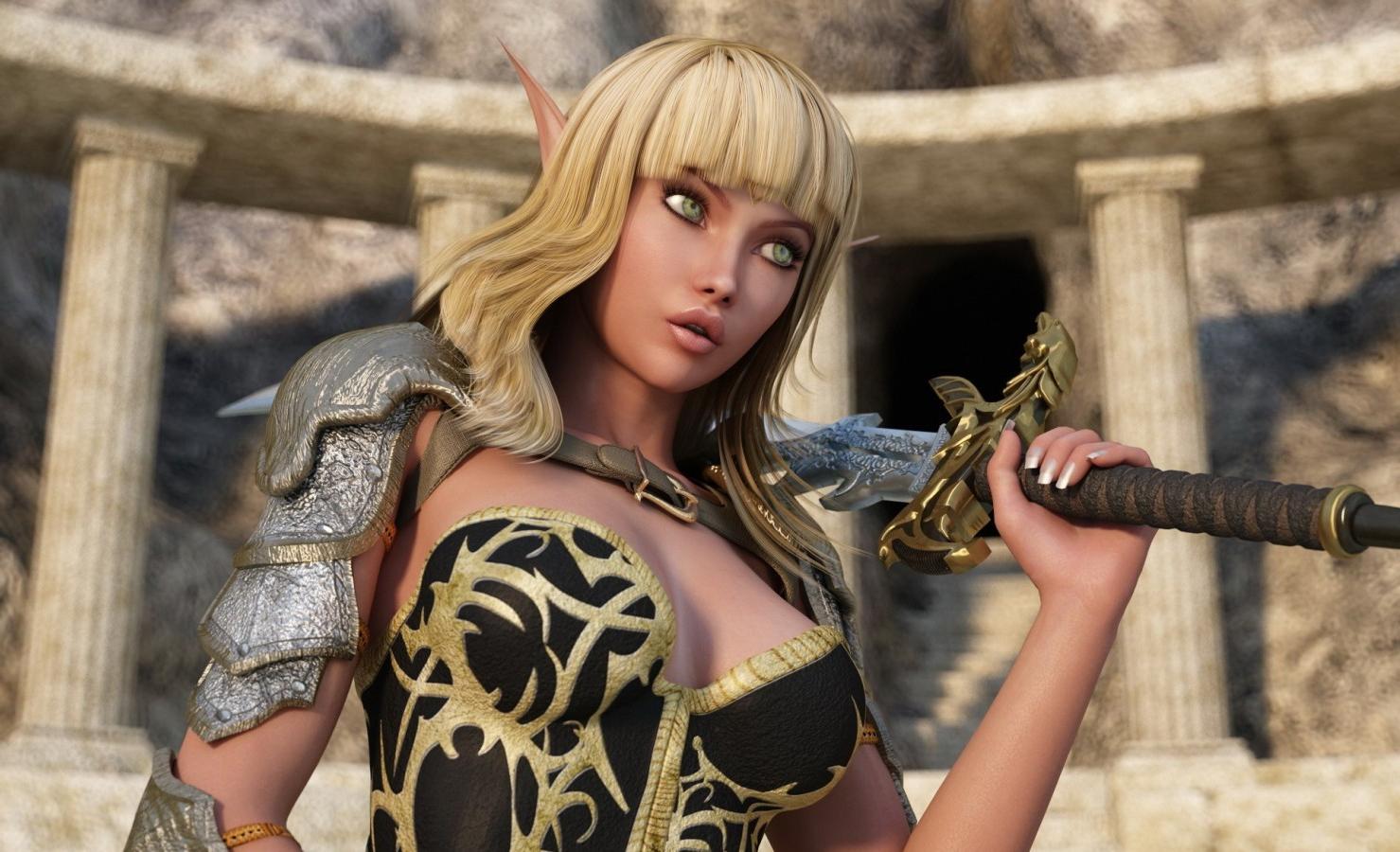 16P Cute blonde elf enjoying anal sex with two men