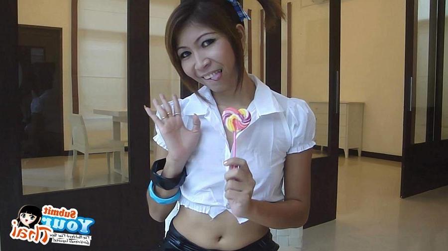 16P Sexy schoolgirl Thai baby named O sucks a lolipop and shows off her bald pussy