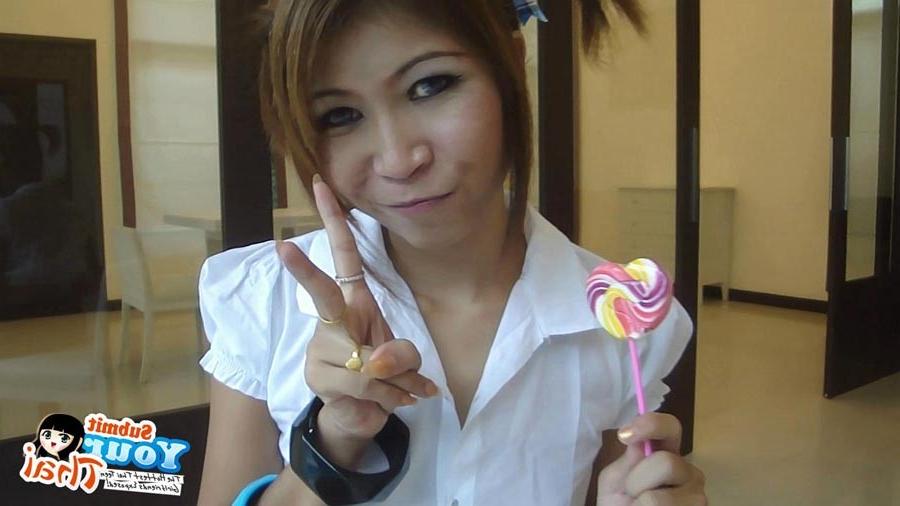 16P Sexy schoolgirl Thai baby named O sucks a lolipop and shows off her bald pussy