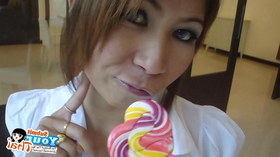 16P Sexy schoolgirl Thai baby named O sucks a lolipop and shows off her bald pussy
